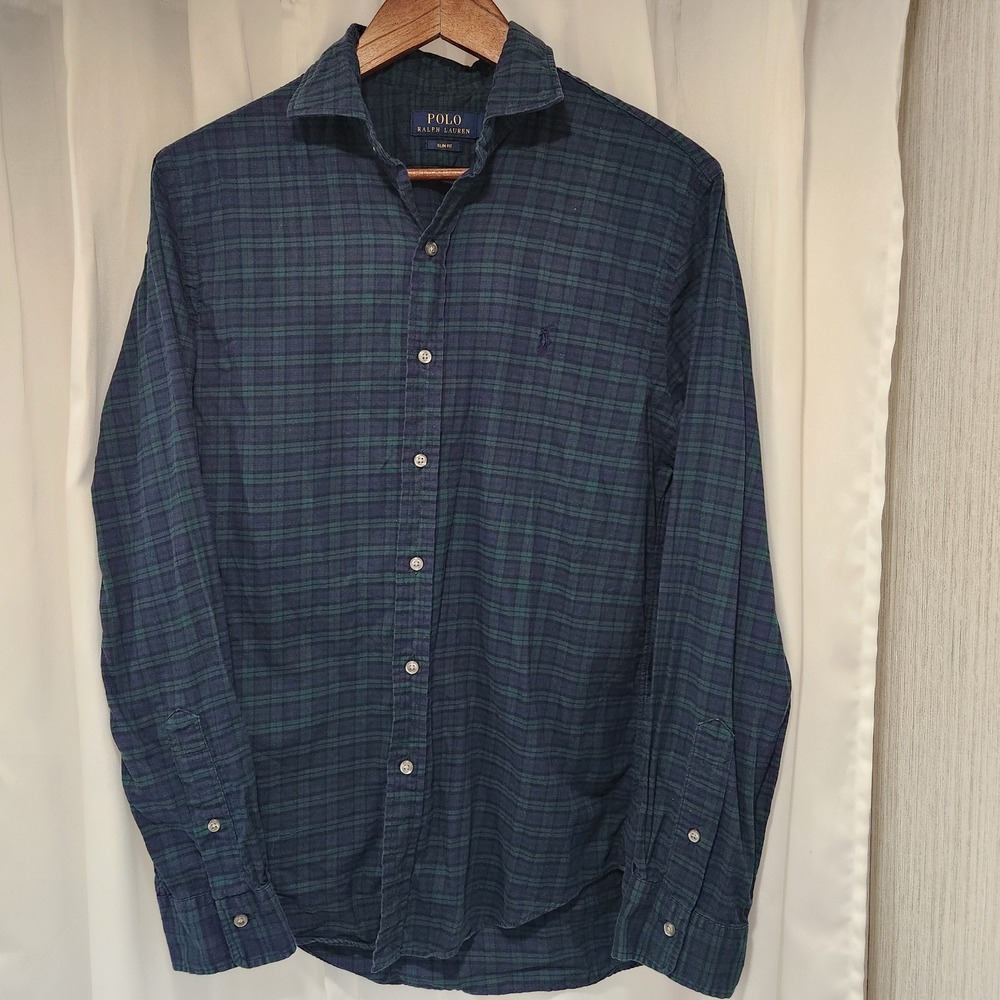 Ralph Lauren Shirt Mens Medium Tartan Plaid Green Purple‎ Slim Fit Button Front